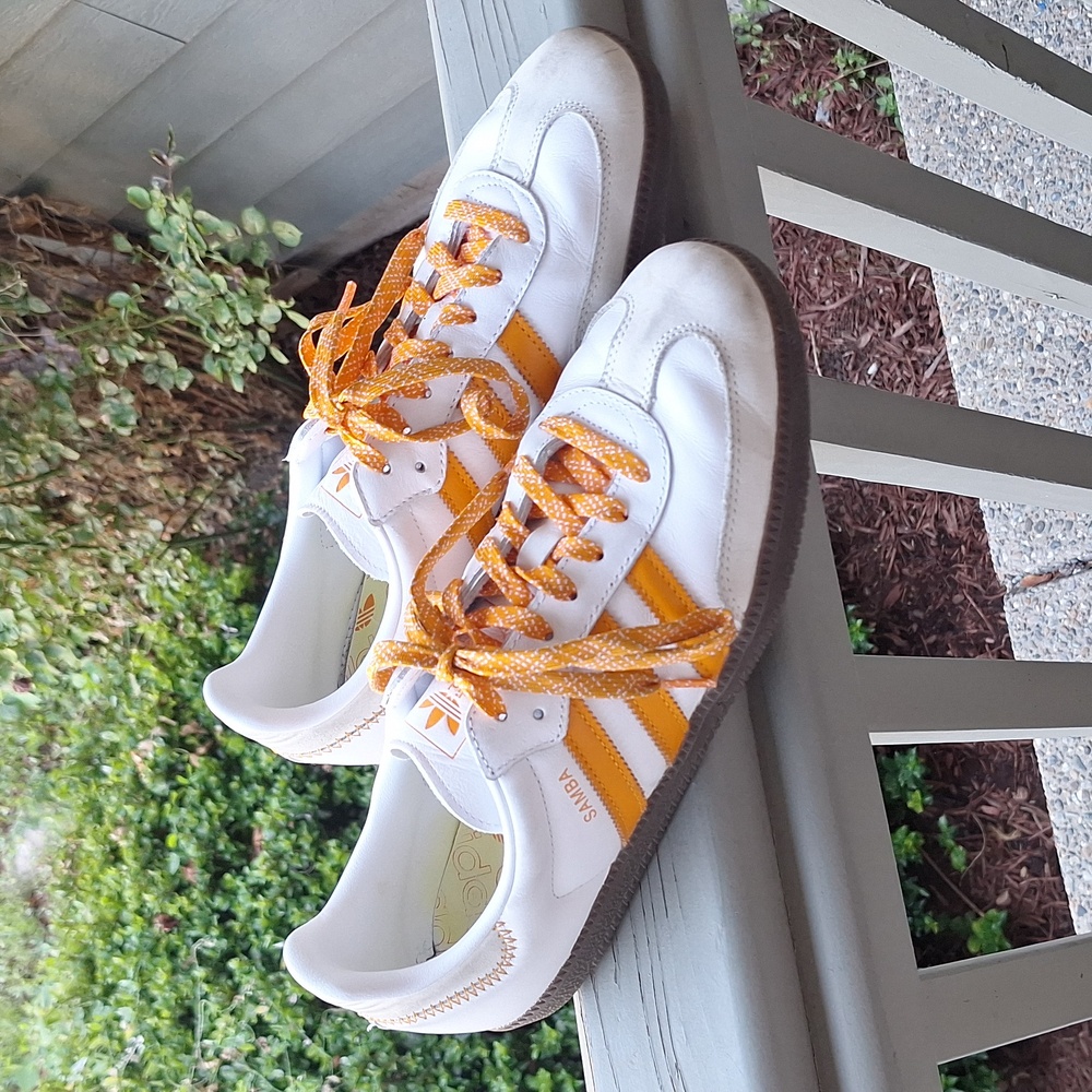 adidas Samba Sneakers White with Orange Stripes and Brown Sole - Picture 4 of 11